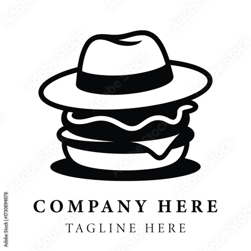Whimsical fedora hat topping delicious burger logo design for food business