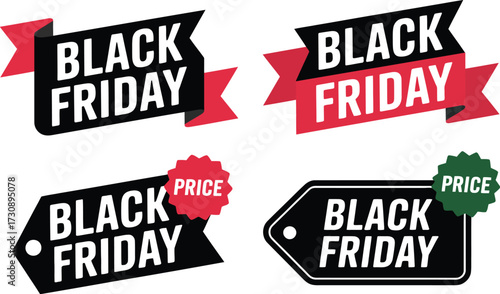 Bold Black Friday sale tags and banners announcing special offers and discounts