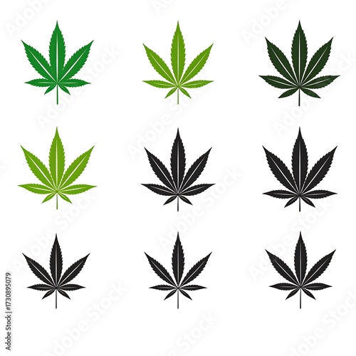 Nine cannabis leaves in varying shades of green and black