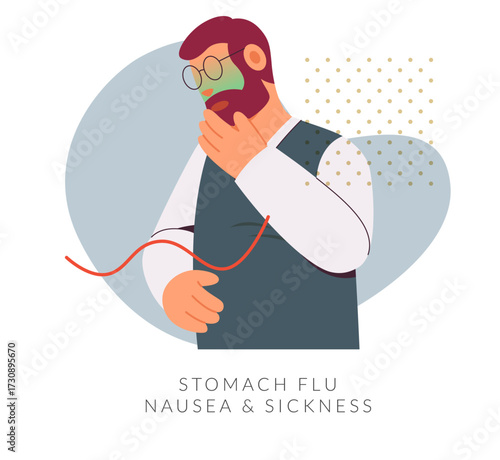 Person with Nausea and Stomach Sickness - Stock Illustration