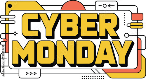 Bold "Cyber Monday" text with futuristic digital elements, promoting online shopping and sales.