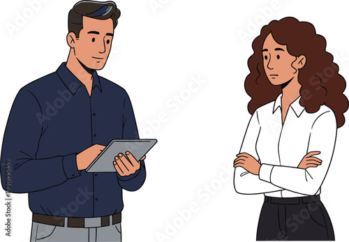 Business meeting, office interaction, professional teamwork, digital collaboration, corporate discussion, tablet usage, workplace diversity, communication, leadership, strategy, technology, planning