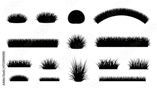 Black Grass Silhouette Icon Set – 15 Unique Grass Tuft and Strip Vector Illustrations