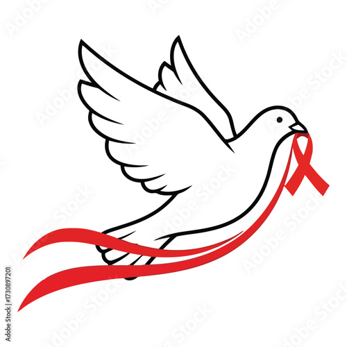 Vector art of white dove carrying red ribbon for aids awareness