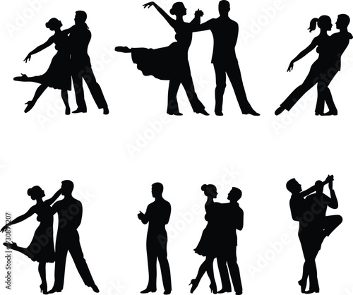 Dancing couple silhouette set, expressive poses, romantic movement, elegant gesture, partner dance, vector illustration, emotional connection, performance artDancing couple silhouette set