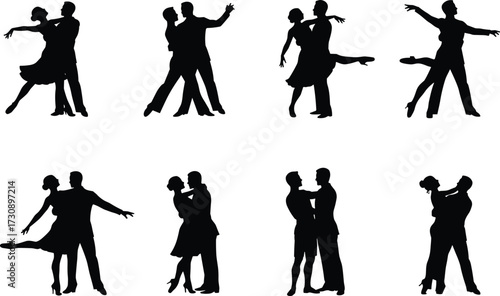 Dancing couple silhouette set, elegant ballroom poses, partner movement, graceful stance, vector art, black shape, isolated figure, performance
