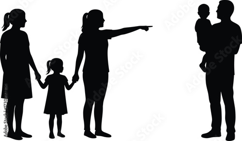 Family silhouette duo, adult child interaction, pointing gesture, emotional bond, relationship concept, vector illustration, social dynamics, parenting moment