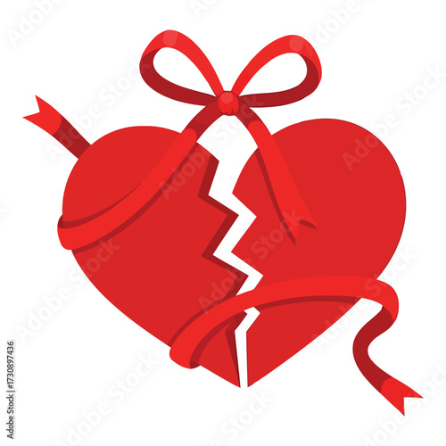 Vector art of broken heart with red ribbon and arrow