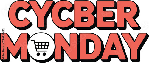 Bold "Cyber Monday" text with shopping cart icon, perfect for online sales and promotions.
