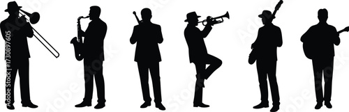 Jazz band silhouettes, musicians performing, instrument variety, trombone saxophone trumpet guitar bass clarinet, black figures, music ensemble, dynamic pose