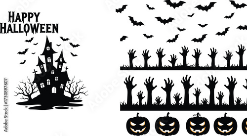 Halloween haunted house with bats, zombie hands, jack-o’-lanterns, spooky graveyard, creepy tree silhouettes, black vector illustration, eerie festive design