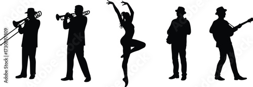 Musicians and dancer silhouettes, performing arts, trombone trumpet saxophone guitar, ballet pose, black figures, expressive movement, music dance ensemble
