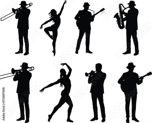 Musicians and dancers silhouettes, performing arts, trombone saxophone trumpet guitar, dynamic poses, black figures, expressive movement, music dance ensemble