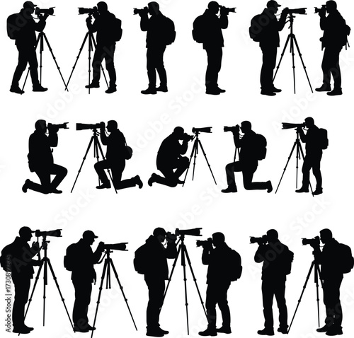 Photographer silhouette set, tripod camera poses, outdoor shooting, kneeling stance, backpack gear, vector art, black shape, isolated figure