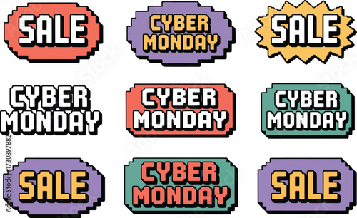 Vibrant pixel art badges announcing Cyber Monday sales and discounts