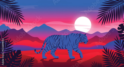 A striking blue tiger strides across a vivid landscape, featuring majestic mountains and a radiant full moon during a breathtaking sunset. A truly captivating scene. Vector illustration.