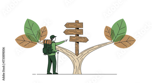 A backpacker standing at a crossroads makes a decision about the journey ahead, facing multiple