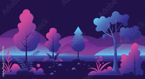 A vibrant landscape featuring stylized trees and foliage bathed in neon pink and blue hues. Vector illustration.
