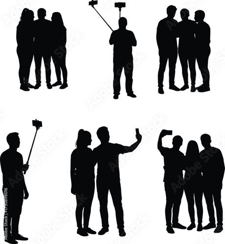 Selfie silhouette set, group and solo poses, smartphone stick, social interaction, vector art, black shape, isolated figure, modern trend