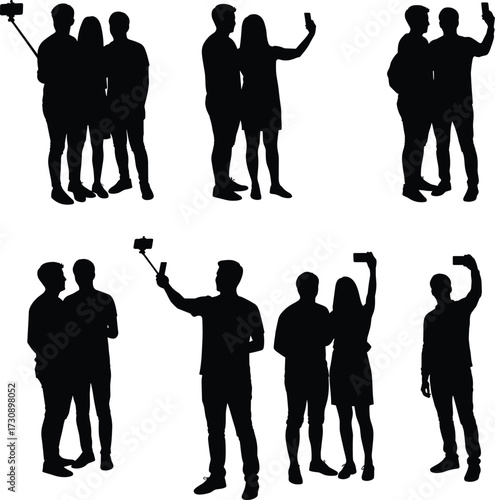 Selfie silhouettes, people taking selfies, group selfie poses, smartphone photography, selfie stick usage, social interaction, mobile photo culture, black figures