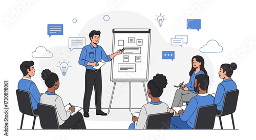 A diverse group of professionals attending a business presentation in a modern conference room