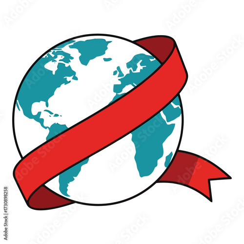 Vector art of red ribbon wrapped around a globe