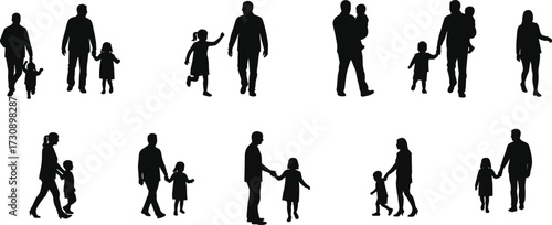 Silhouettes of adults and children interacting, family moments, walking, carrying, reaching, emotional bond, parenting gesture, movement, care, connection