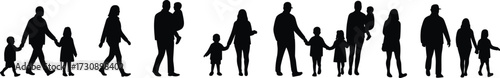 Silhouettes of adults and children walking together, family interaction, holding hands, caregiving gesture, emotional bond, movement, connection, parenting