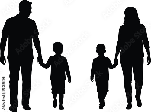 Silhouettes of adults and children walking, holding hands, mirrored family pairs, emotional bond, parenting gesture, movement, connection, care, unity