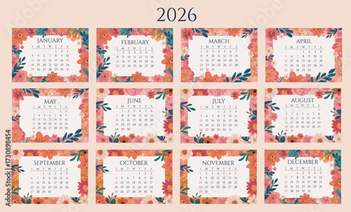 Floral colorful 12 months calendar 2026 template for planning and scheduling