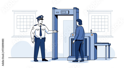 Airport security check point showing security officer and traveler going through security gate