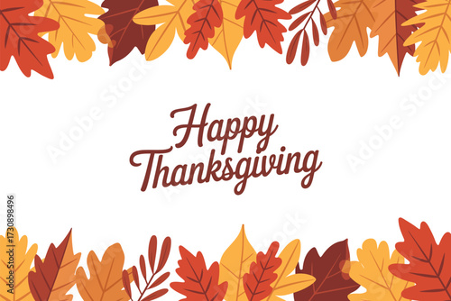 Warm autumn leaves frame a cheerful "Happy Thanksgiving" greeting.