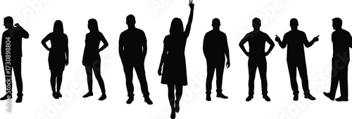 Silhouettes of diverse human poses, expressive gestures, peace sign, body language study, standing figures, individuality, posture variation, interaction