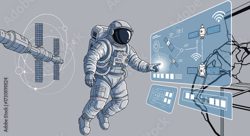 Astronaut interacting with holographic display in space depicting satellite communication networks