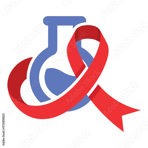 Vector art of red ribbon and laboratory flask, symbol of hiv research and awareness