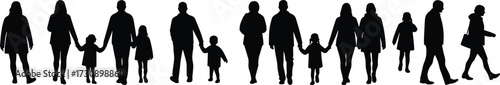 Silhouettes of families walking together, adult and child interaction, holding hands, emotional bond, movement, posture, connection, parenting, care