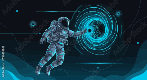Astronaut navigating space near a glowing wormhole cosmic journey illustration