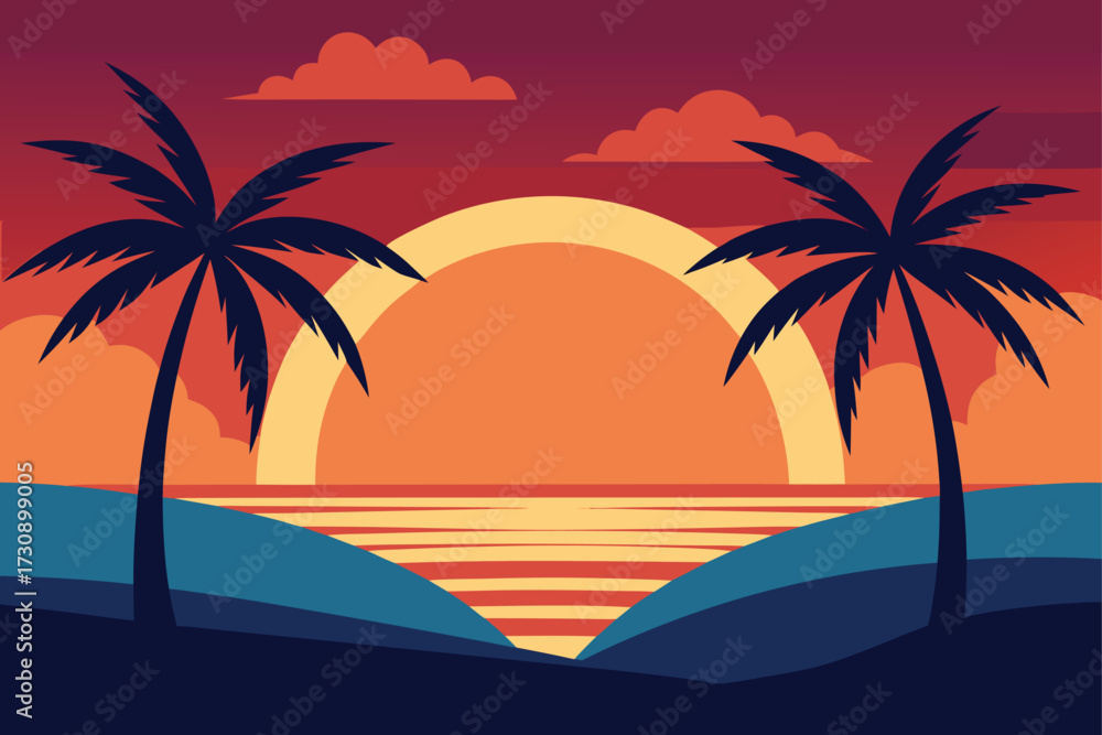 Fototapeta premium Sunset Beach Landscape with Palm Trees