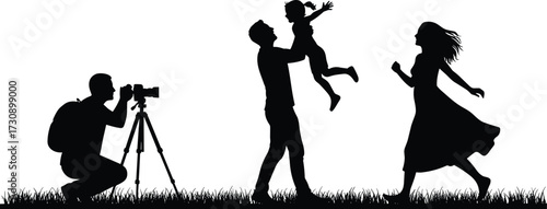Silhouettes of family photography scene, adult lifting child, joyful moment, emotional connection, grassy setting, playful interaction, love, support, bond