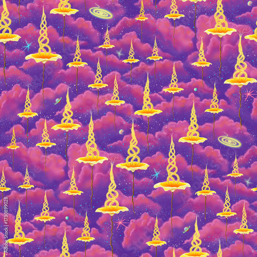 Mystic Floating Flowers above Cosmic Clouds