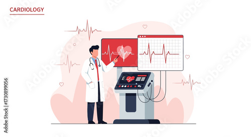 Cardiologist analyzing electrocardiogram results on a monitor during a medical checkup showing