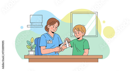 Caring Doctor Bandaging a Young Boy's Arm in a Clinic Setting, Health Care Illustration