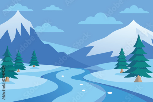Cartoon Snowy Landscape with Pine Forest