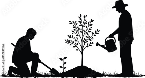 Silhouettes of people gardening, planting trees, watering saplings, environmental care, teamwork, outdoor activity, nature, sustainability, growth, nurturing