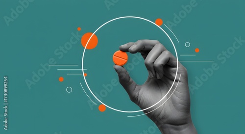 Hand Holding Orange Pill with Abstract Graphic Design