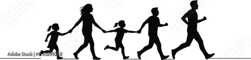 Silhouettes of family running together, holding hands, joyful movement, children and parents, unity, physical activity, bonding, motion, connection