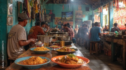Busy Indonesian Warung with People Eating Fried Rice and Noodles