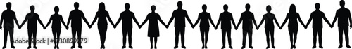 Silhouettes of people holding hands, unity concept, community togetherness, diverse group, family bond, teamwork symbol, horizontal alignment, connection