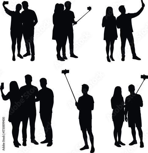 Silhouettes of people taking selfies, smartphone photography, social interaction, modern behavior, selfie stick usage, group pose, digital lifestyle, expression