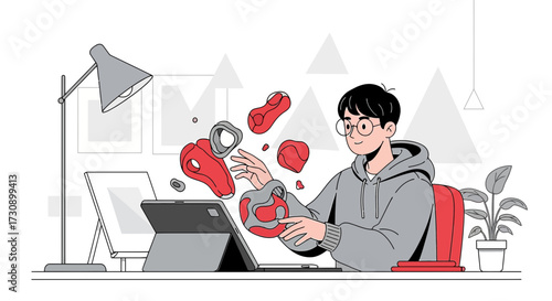 Creative artist working on digital design with a tablet and floating abstract shapes in a home